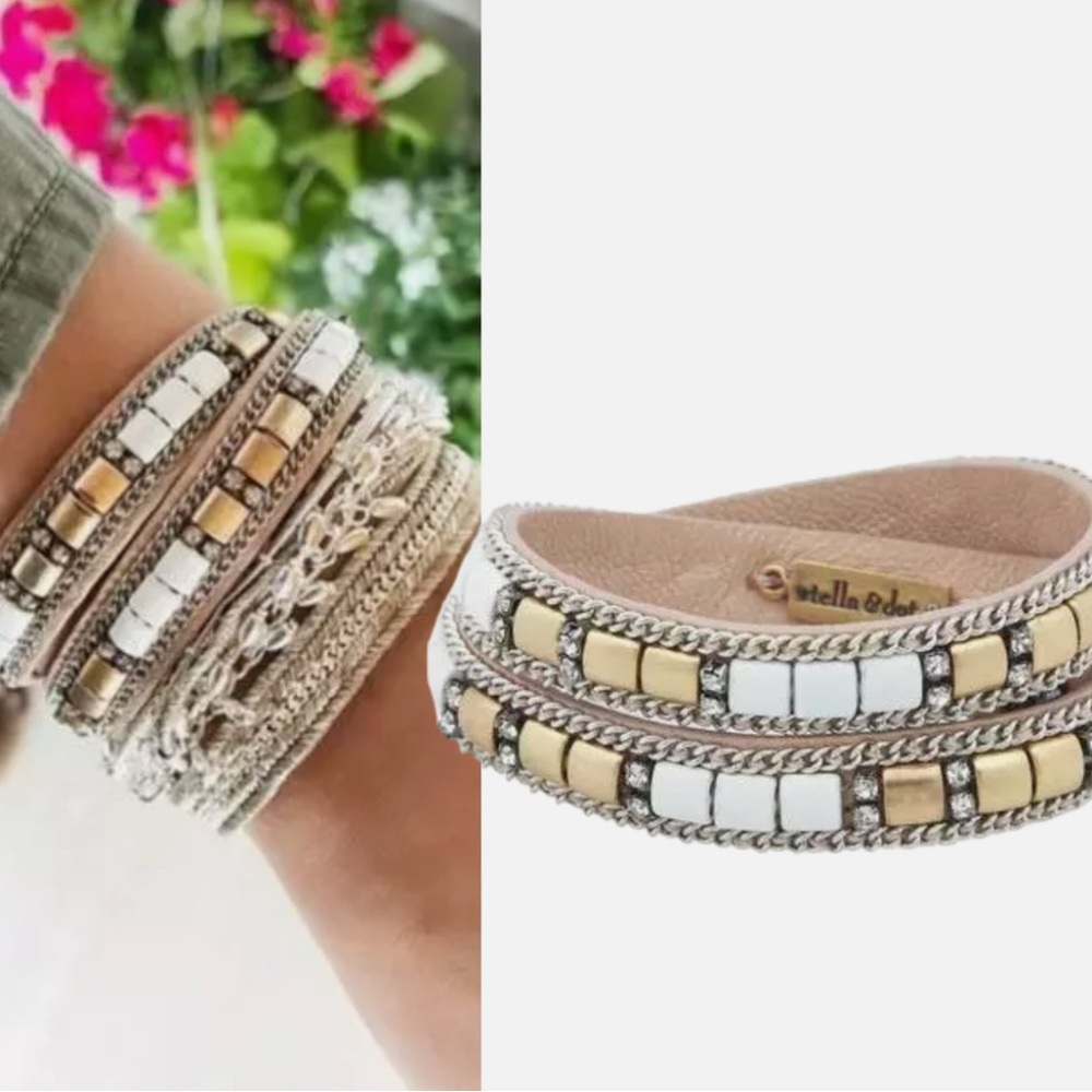 Stella & Dot Gold and Silver Cady Leather Wrap Bracelet